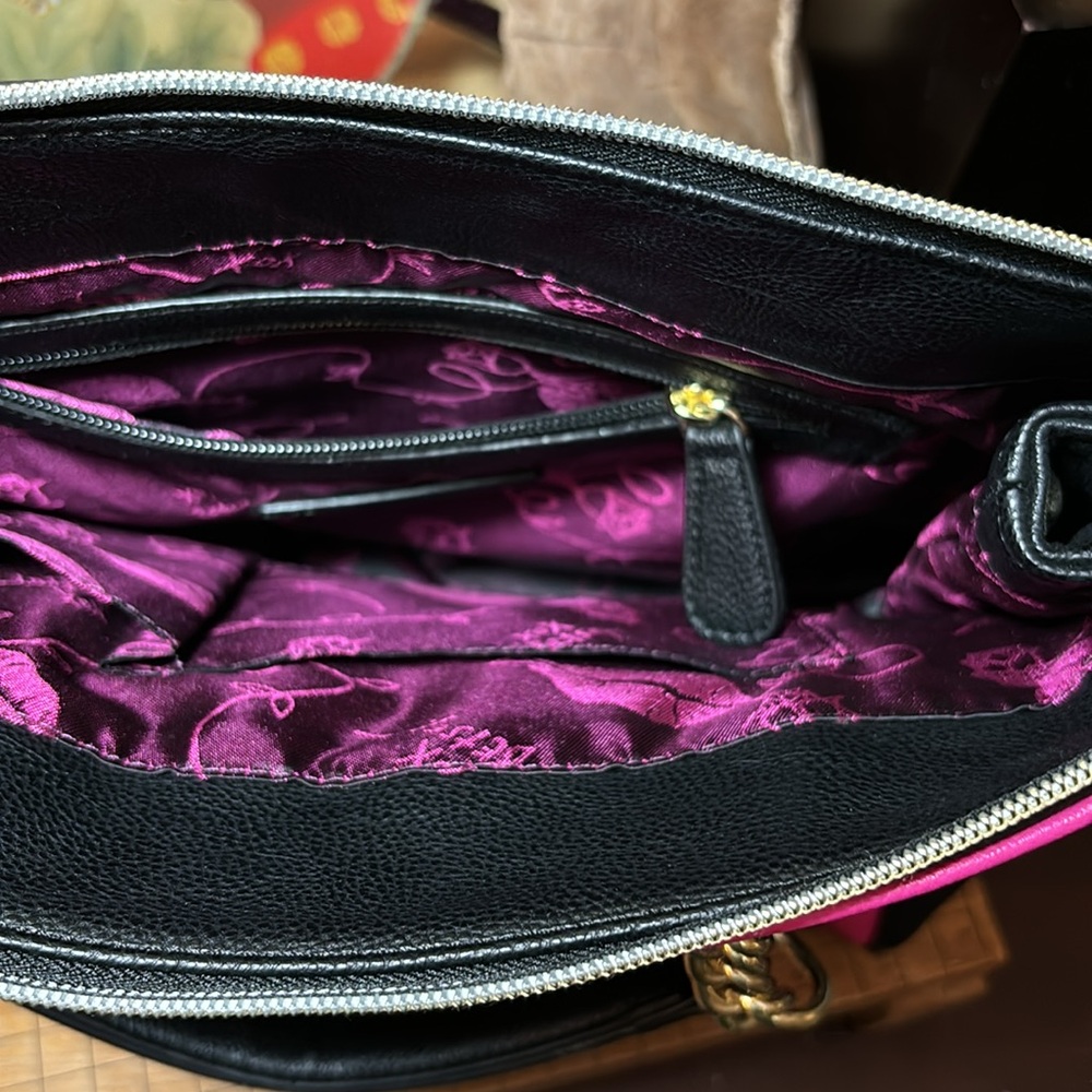 Betsey Johnson Studs and Flowers Black Hot Pink Striped Bag 11.5”Wx10”Hx5.75”D - Picture 11 of 17